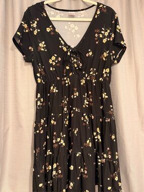 No Boundaries Black Floral Lace-Up Tiered Mini Dress XL